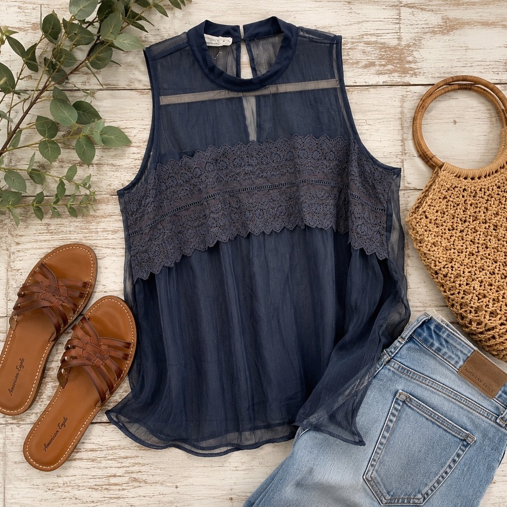 Maurices XS Navy Sheer Lace Sleeveless Blouse High Neck Mesh Fairy Grunge Top